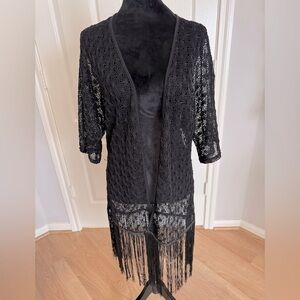 LIBERTY LOVE Whimsigoth Witchy Boho Crochet Fringe Duster Black Size Medium GUC
